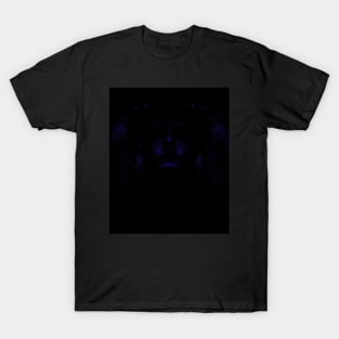 Portrait, digital collage, special processing. Dark, strong. Guy face looking up high. Fantasy. Very dark, blue. T-Shirt